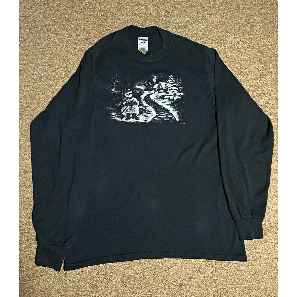 Jerzees Men’s Black Crew Neck Pullover Sweatshirt M Cotton Fleece Snowman